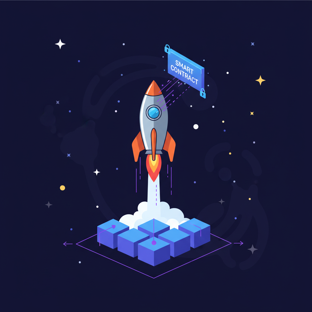 rocket blasting off from Ethereum blockchain deploying smart contract, starry space background