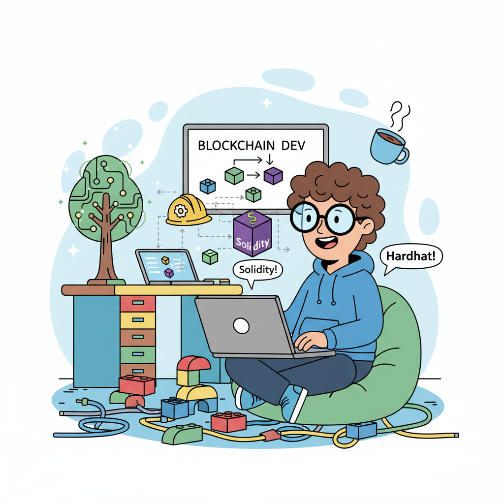 cartoon developer assembling blockchain dev tools like Hardhat and Solidity on laptop, fun workspace