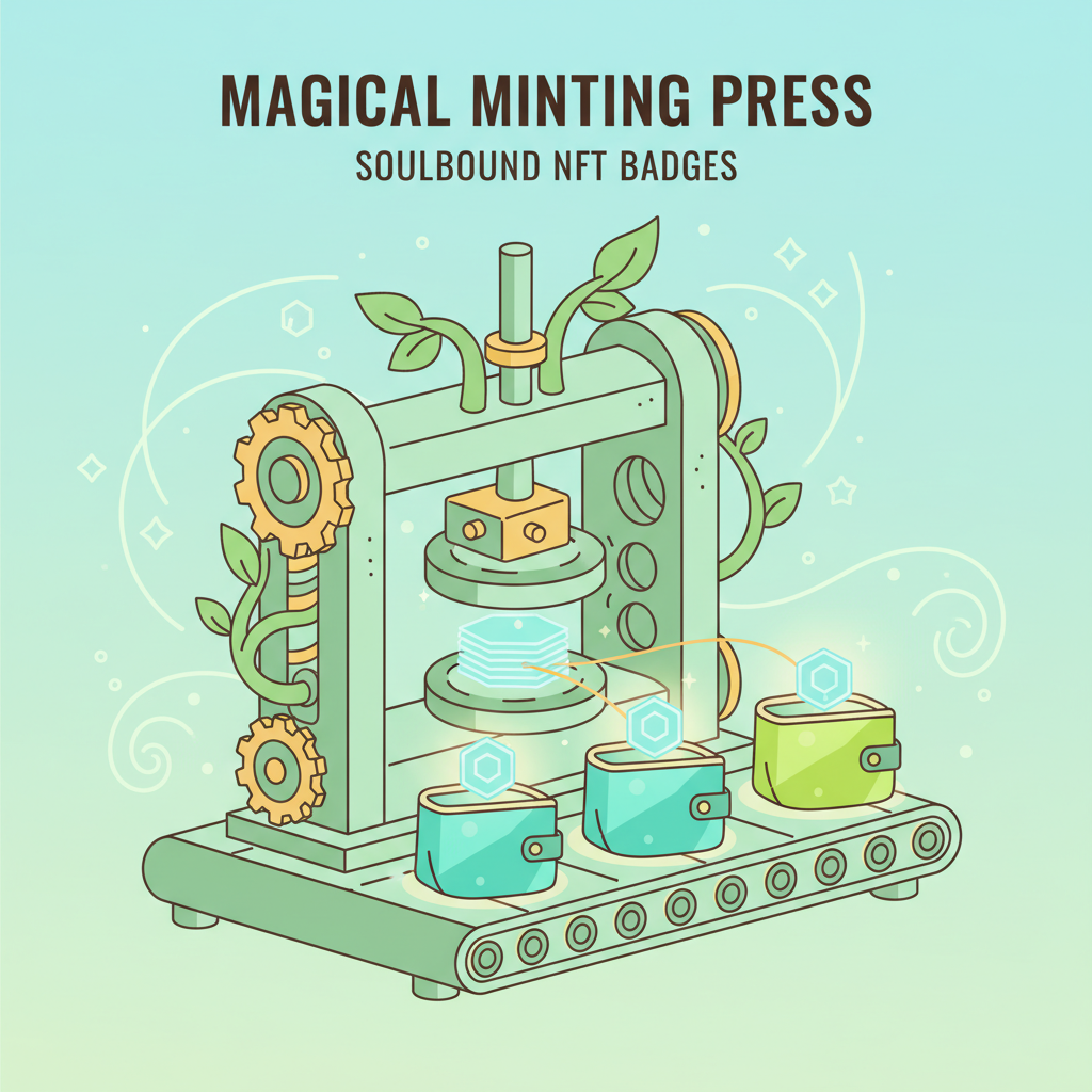 magical minting press stamping soulbound NFT badges onto glowing wallets