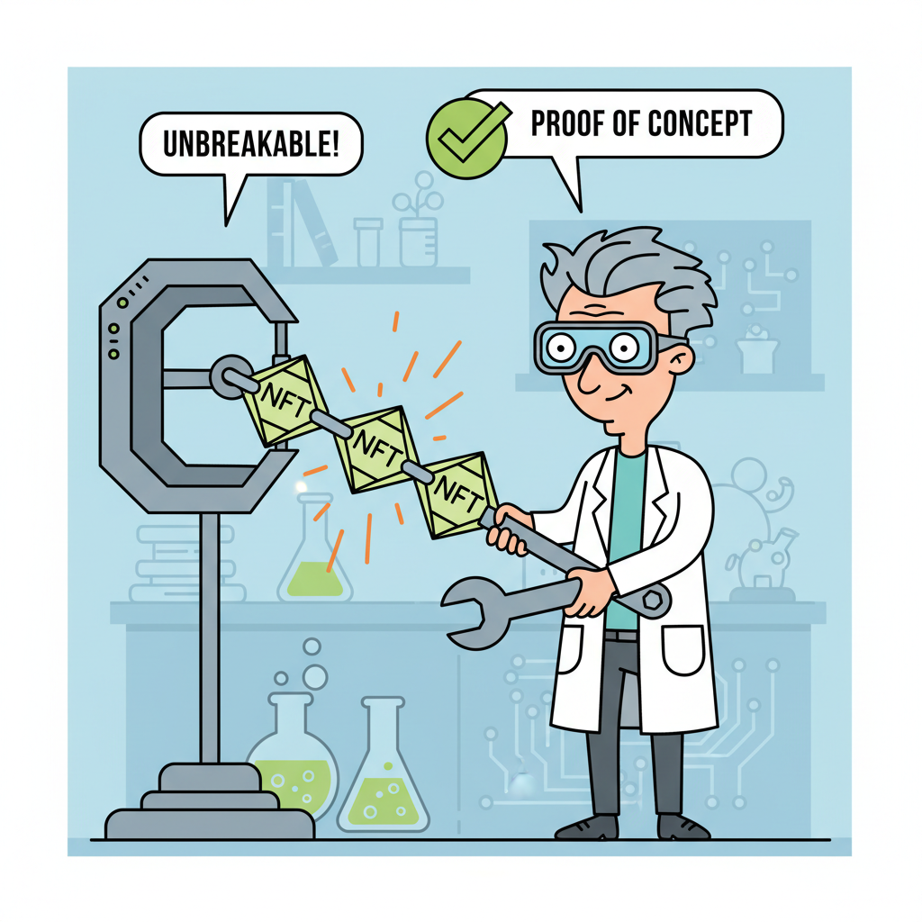 mad scientist testing unbreakable NFT chain in lab, sparks and checks
