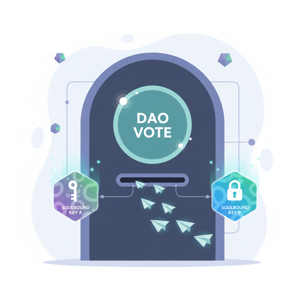 DAO voting booth with soulbound badges as keys, ballots flying in
