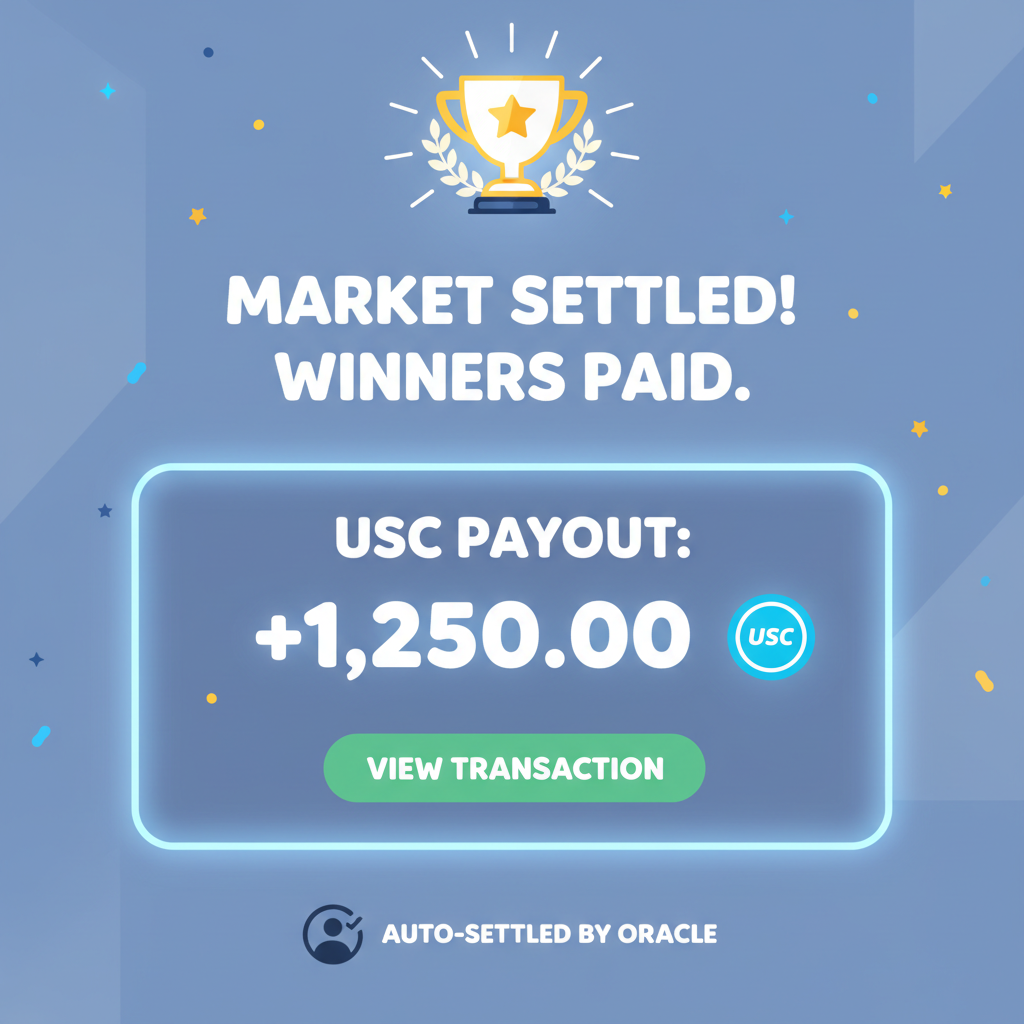 Polymarket auto-settlement screen post-soccer match, USDC payout glowing, trophy icon, celebratory digital illustration