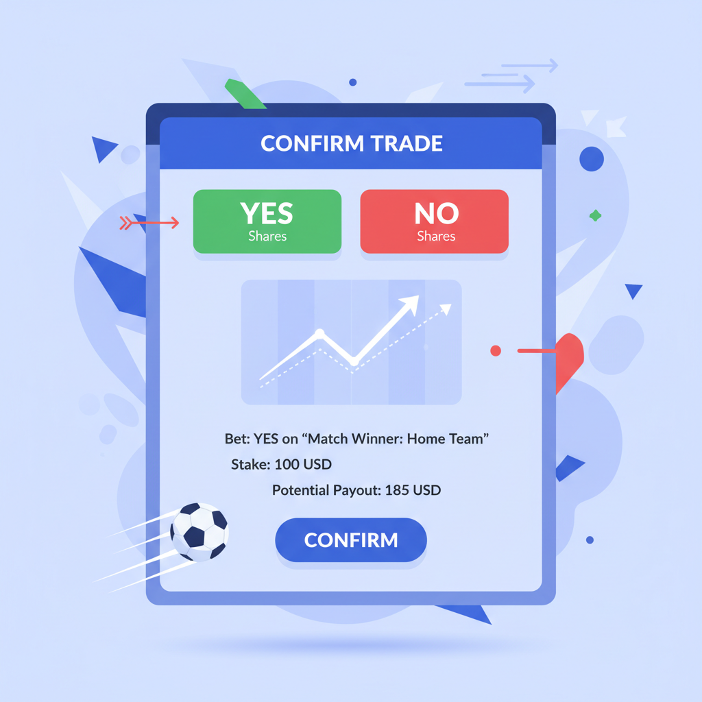 buying Yes/No shares on Polymarket for soccer match, trade confirmation screen, rising graph, dynamic action shot