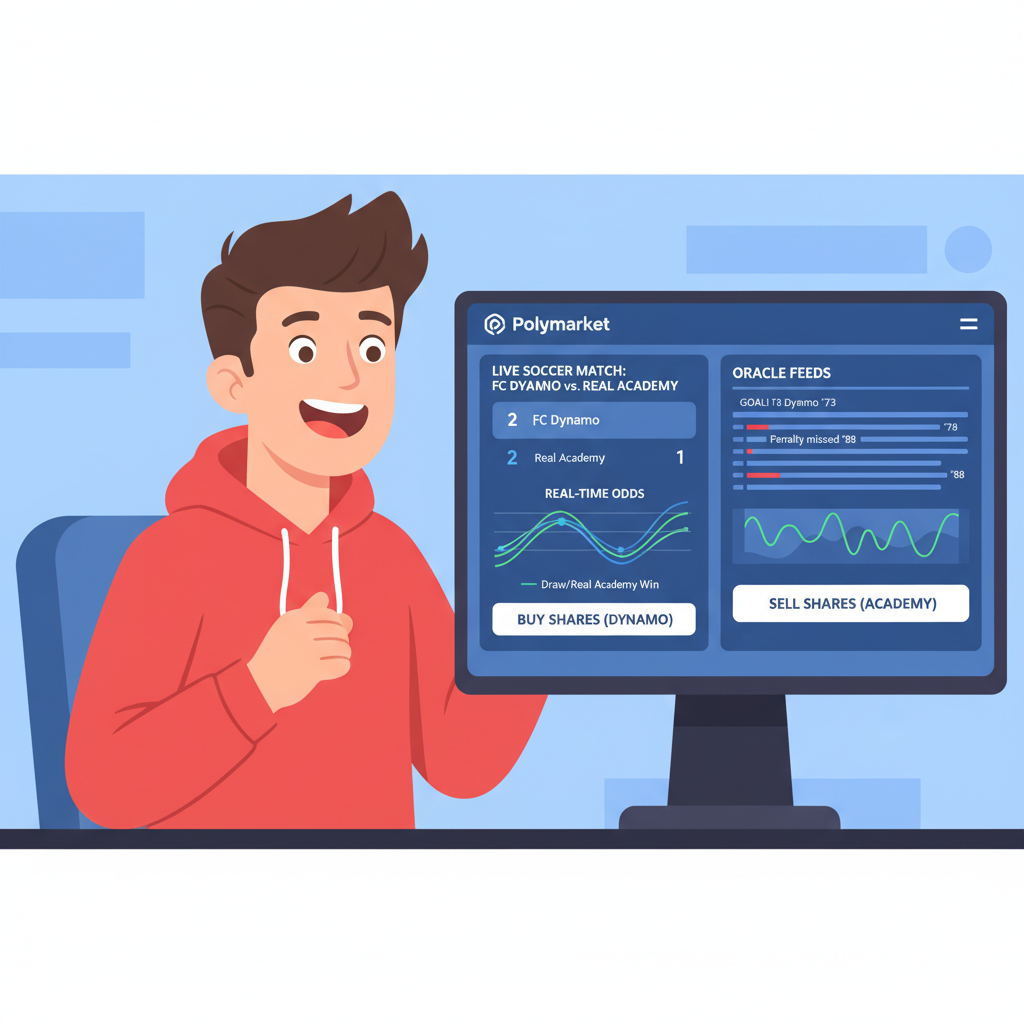 monitoring live soccer match on Polymarket with oracle feeds, real-time graphs updating, excited fan watching screen