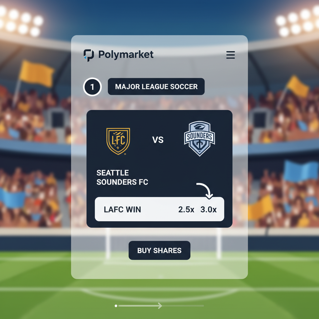 Polymarket interface selecting MLS soccer match market, vibrant stadium crowd, odds displayed, clean UI design