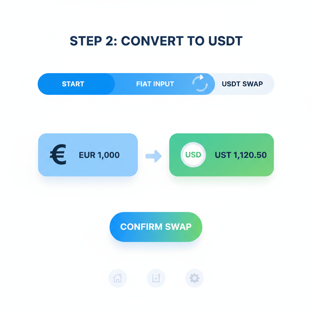 crypto conversion screen showing fiat to USDT swap, progress bar