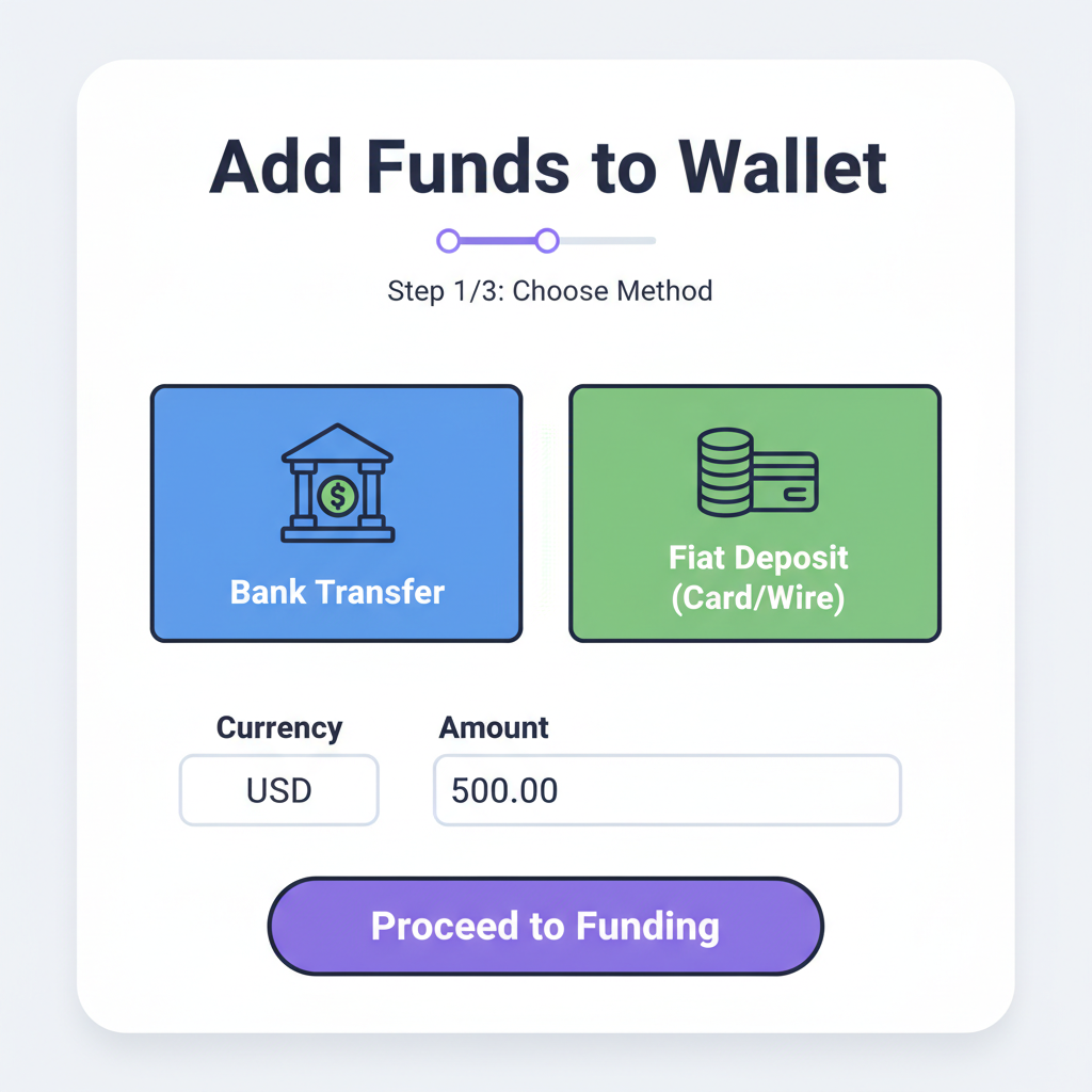 secure wallet funding interface with bank transfer and fiat deposit options