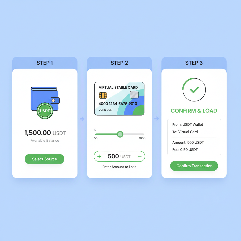 virtual stablecoin card loading interface with USDT balance