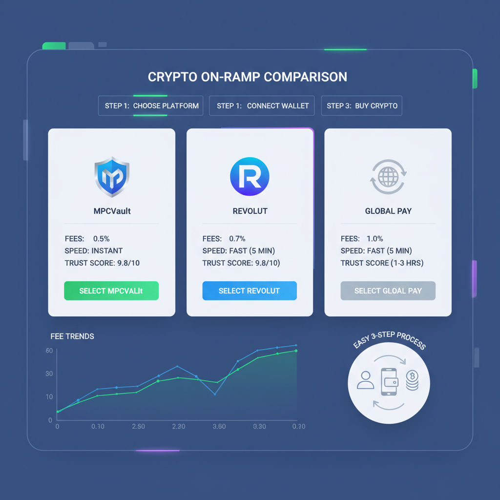 futuristic dashboard comparing crypto on-ramp platforms, clean UI with logos like MPCVault and Revolut