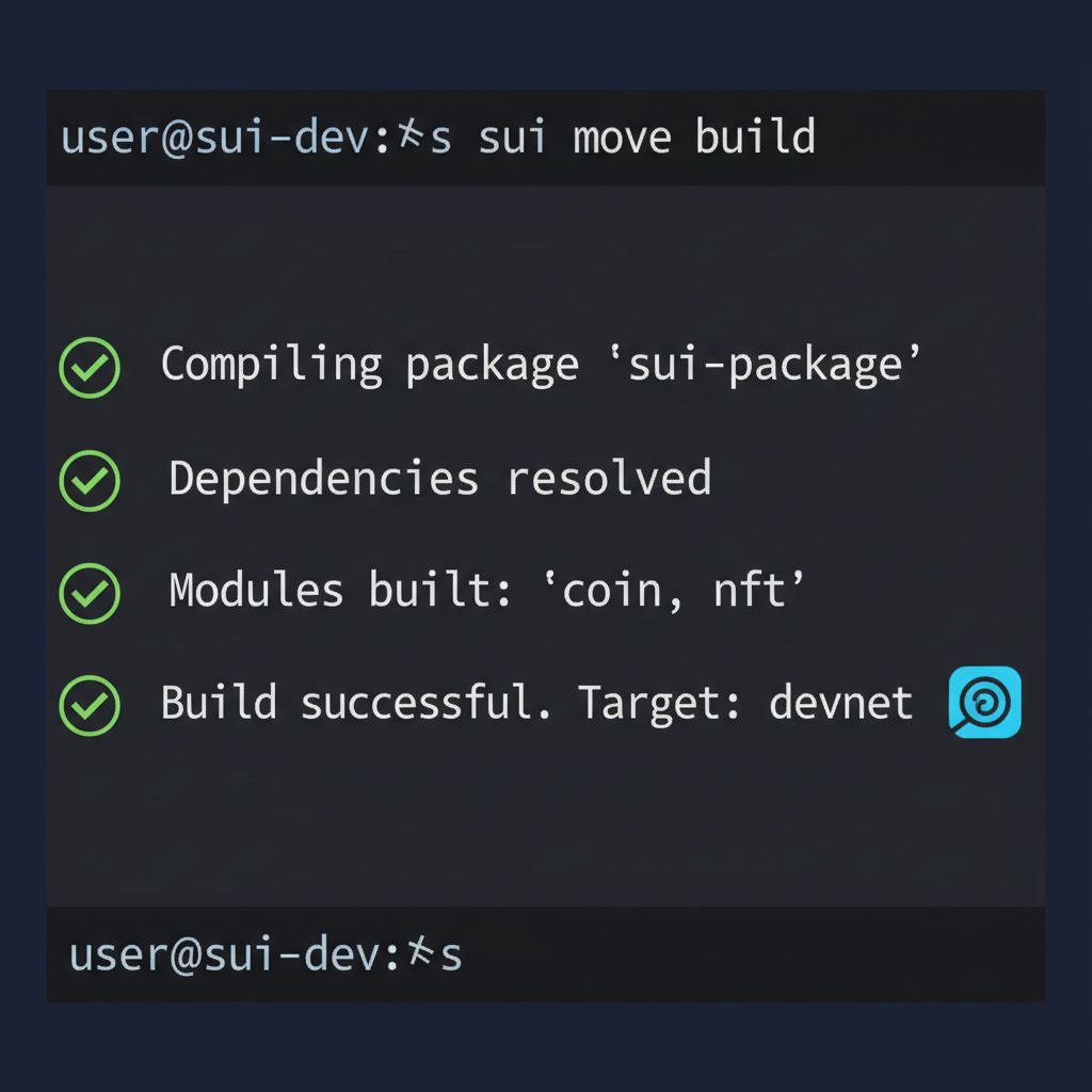 terminal screen showing sui move build command succeeding, green checkmarks, Sui blockchain icons, dark mode