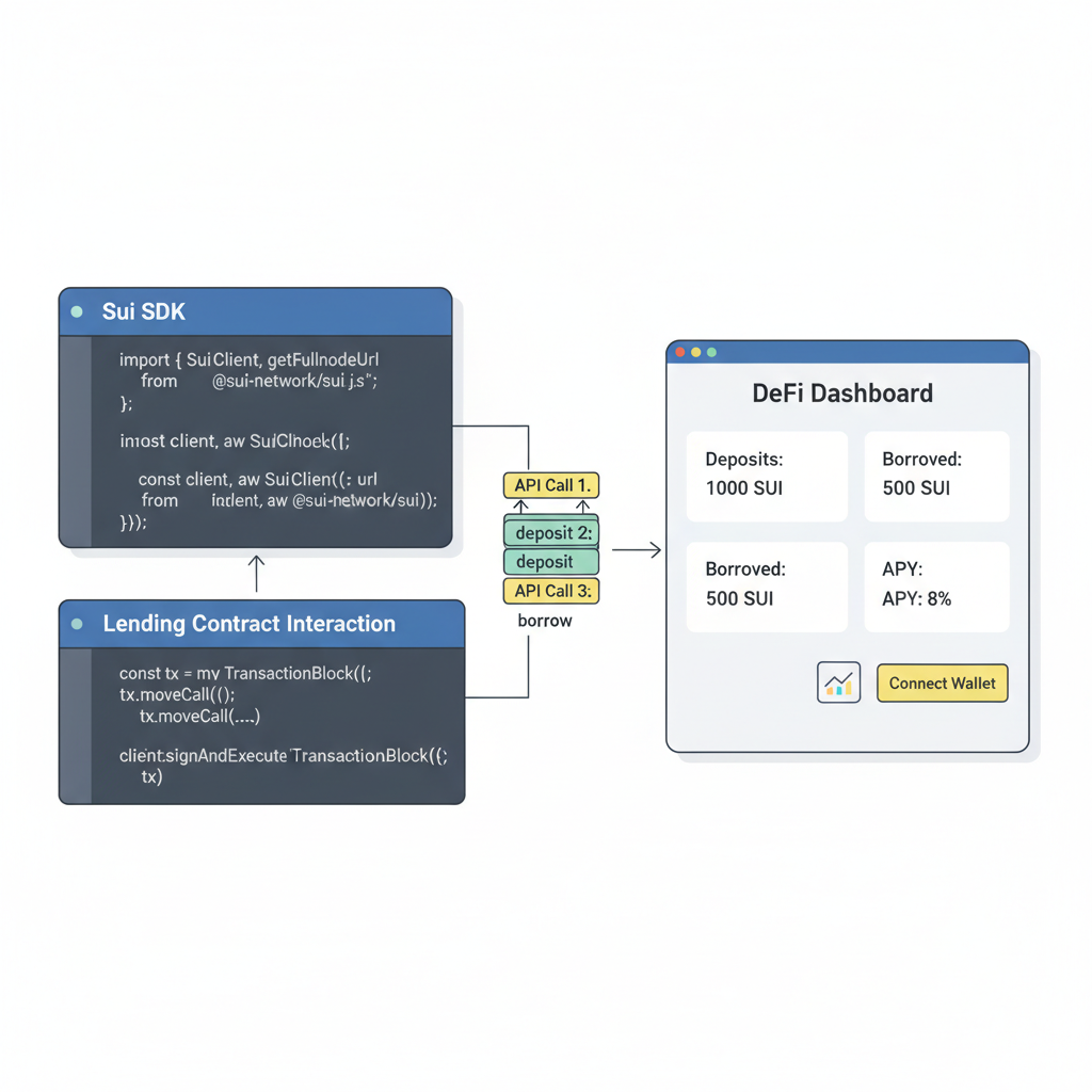 code editor with Sui SDK interacting with lending contract, API calls, dashboard mockup