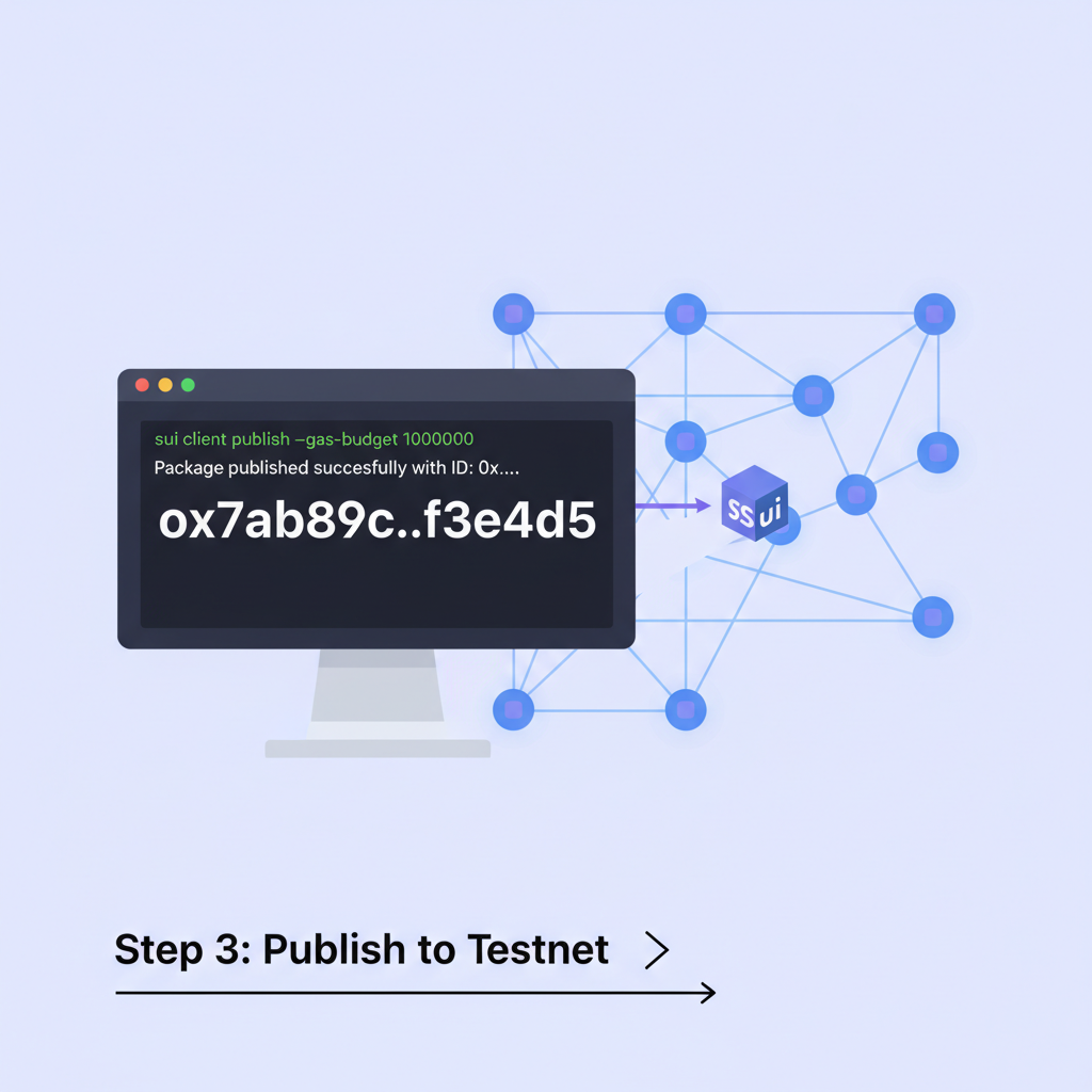 Sui CLI terminal publishing Move contract to testnet, transaction hash output, blockchain network visualization