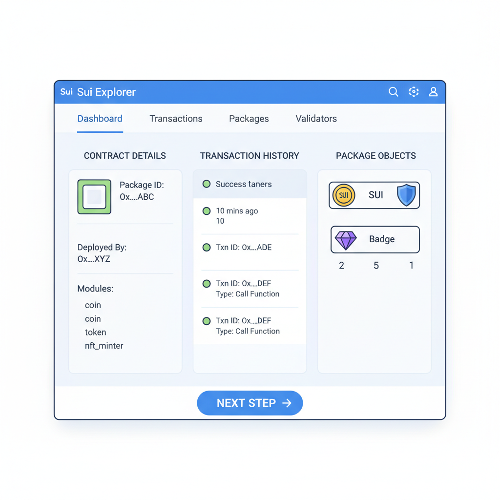 Sui Explorer webpage displaying deployed contract details, transaction history, package objects
