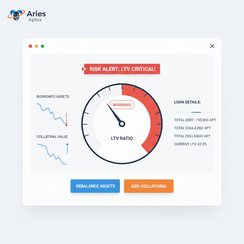 dashboard monitoring LTV ratio with risk alerts and rebalance buttons on Aries Aptos platform