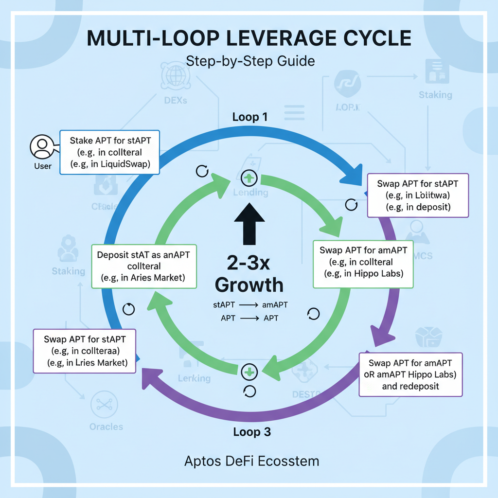 multi-loop leverage cycle showing 2-3x growth from stAPT amAPT APT on Aptos DeFi ecosystem map