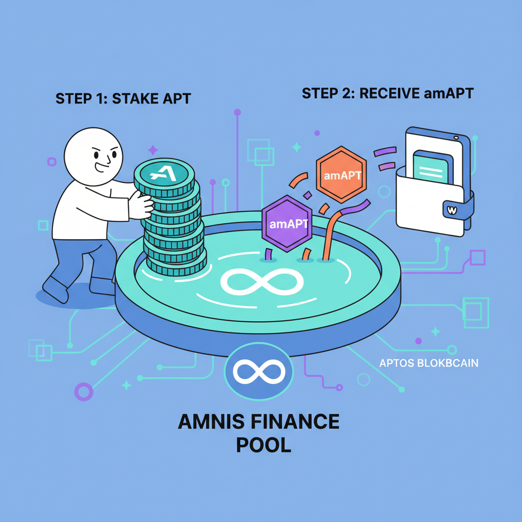 cartoon illustration of user staking APT coins into Amnis Finance pool receiving amAPT tokens on Aptos blockchain background