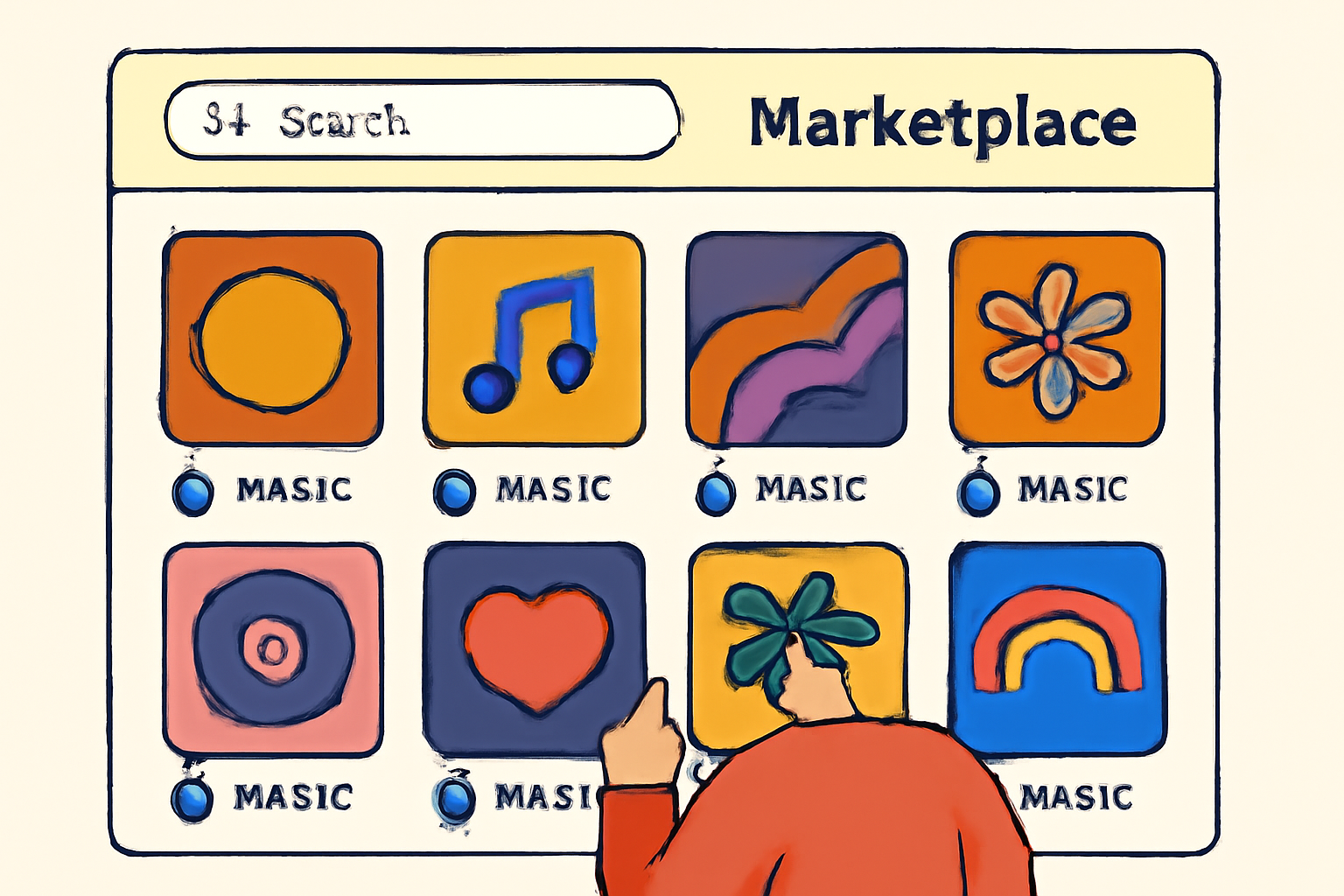 Scrolling through colorful digital music catalog on blockchain marketplace, album art thumbnails, search bar, motivational investor vibe