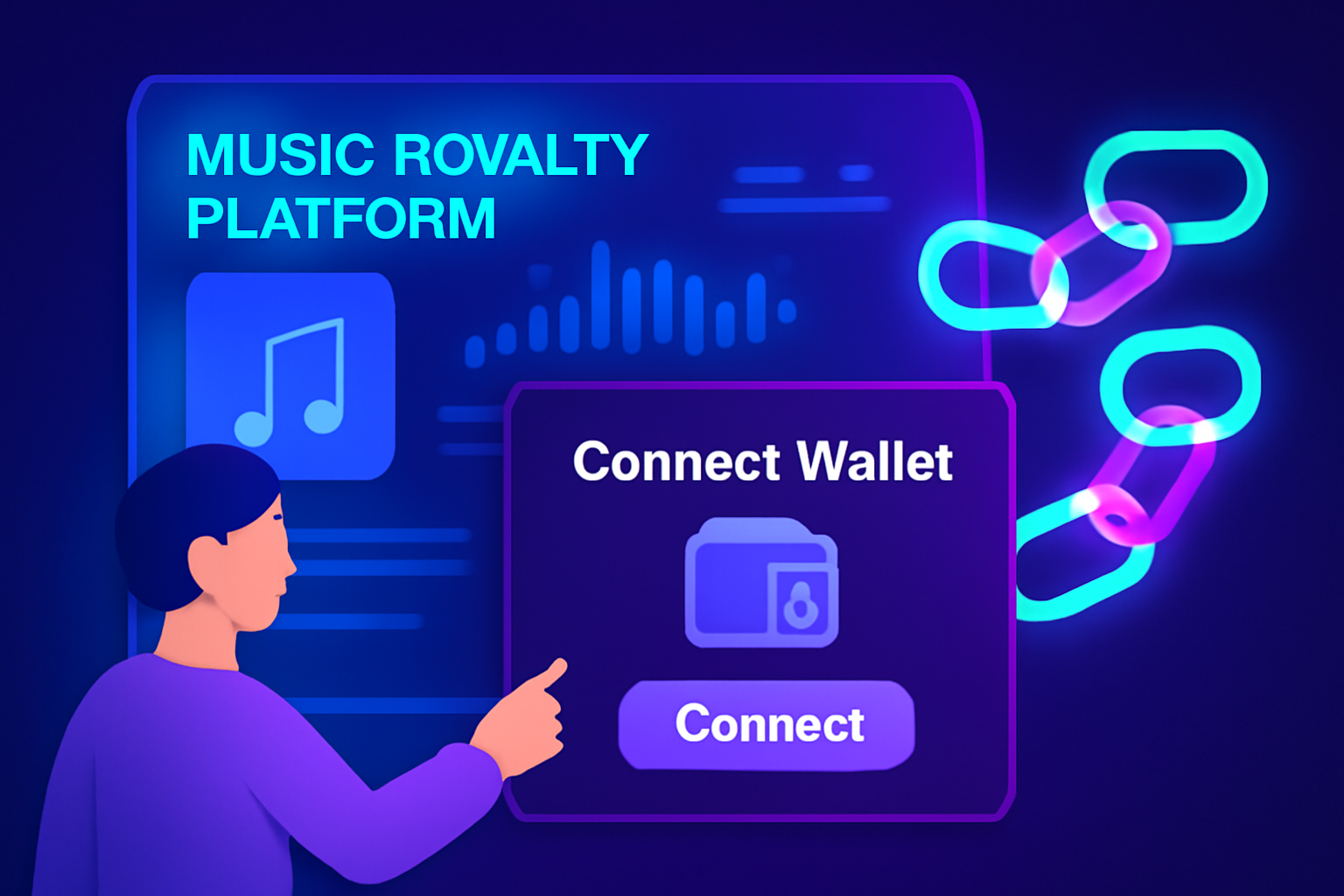 User connecting crypto wallet to futuristic music royalty platform UI, glowing blockchain links, vibrant neon blues and purples
