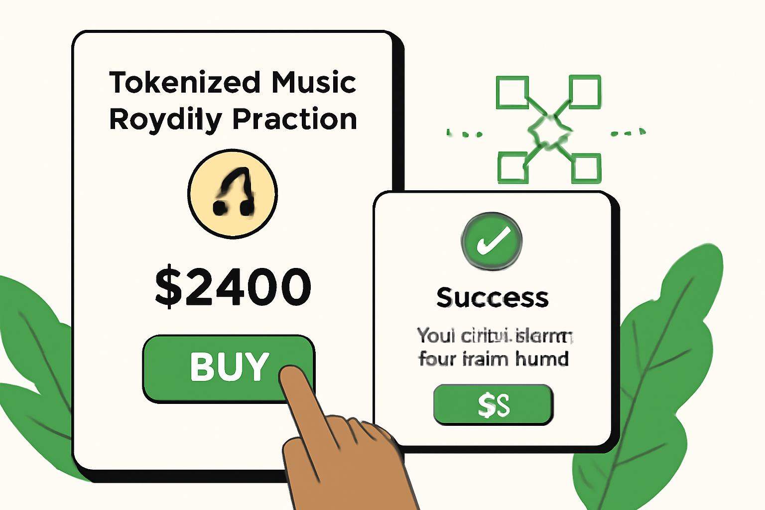 Investor clicking buy on tokenized music royalty fraction screen, confirmation popup, blockchain transaction animation, exciting green accents