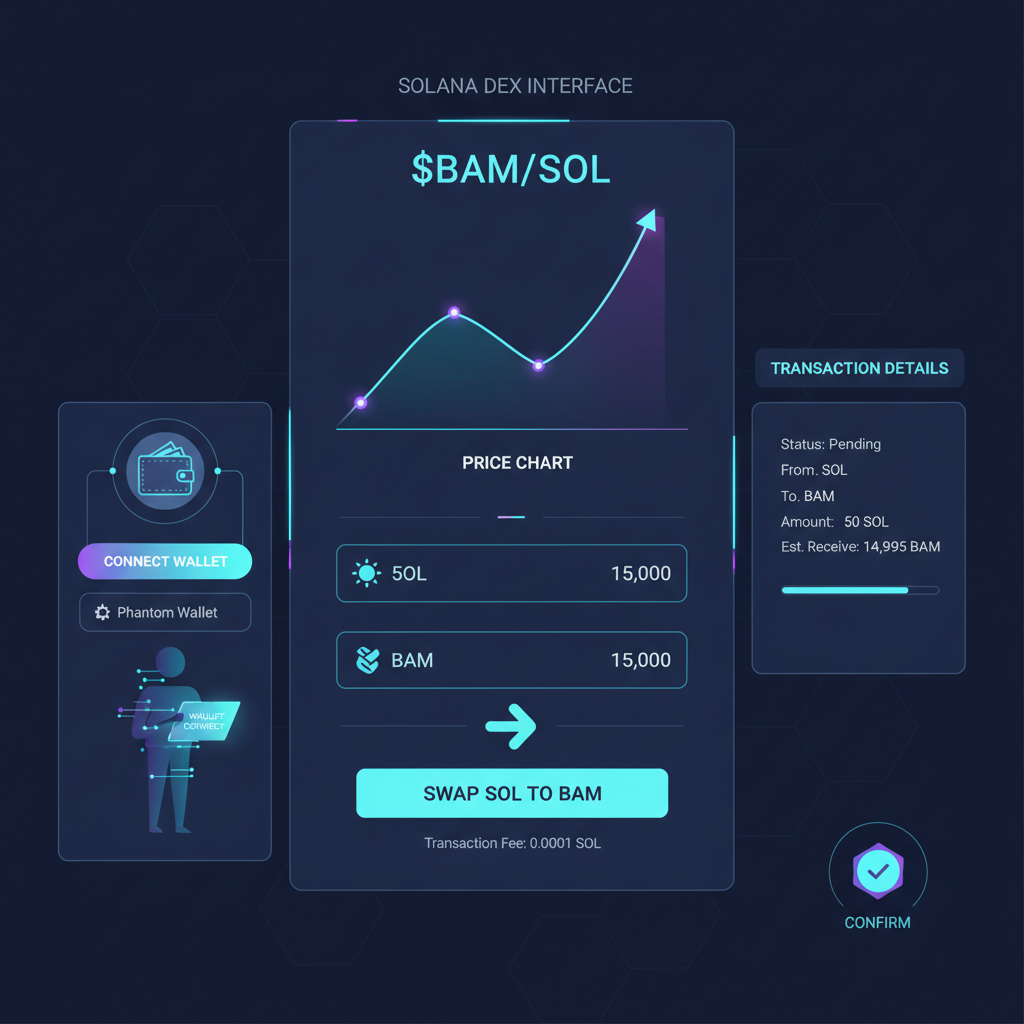 crypto trader buying $BAM token on Solana DEX interface, wallet connect, SOL to BAM swap, glowing charts, futuristic UI