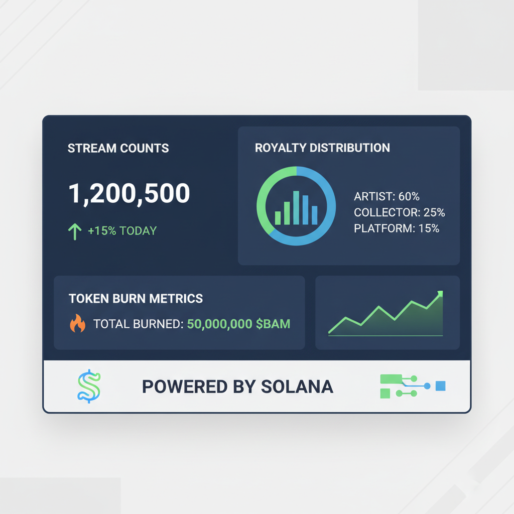 sleek Bambitz dashboard showing stream counts, royalty charts, token burn metrics, Solana blockchain elements, green upward trends