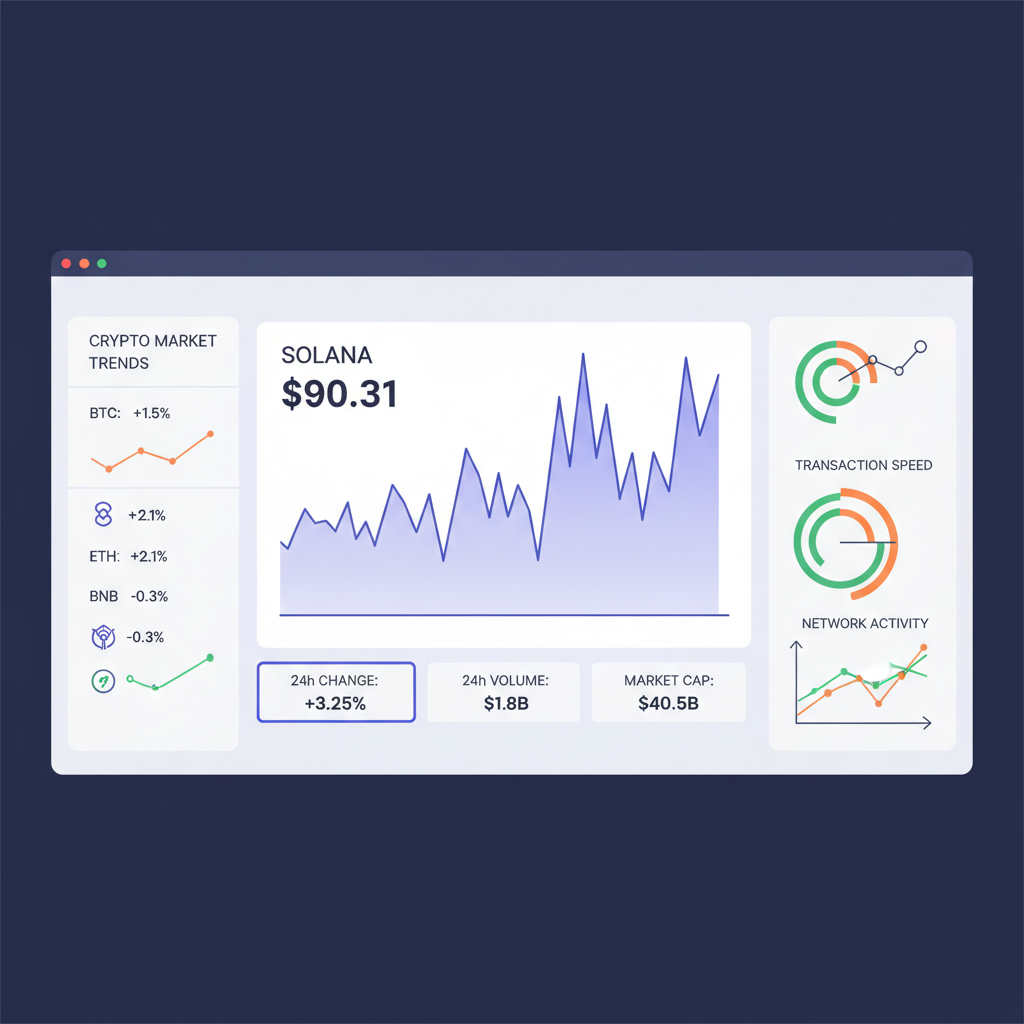 Solana price chart displaying $90.31, 24h metrics, monitoring dashboard, crypto market trends, dynamic graphs