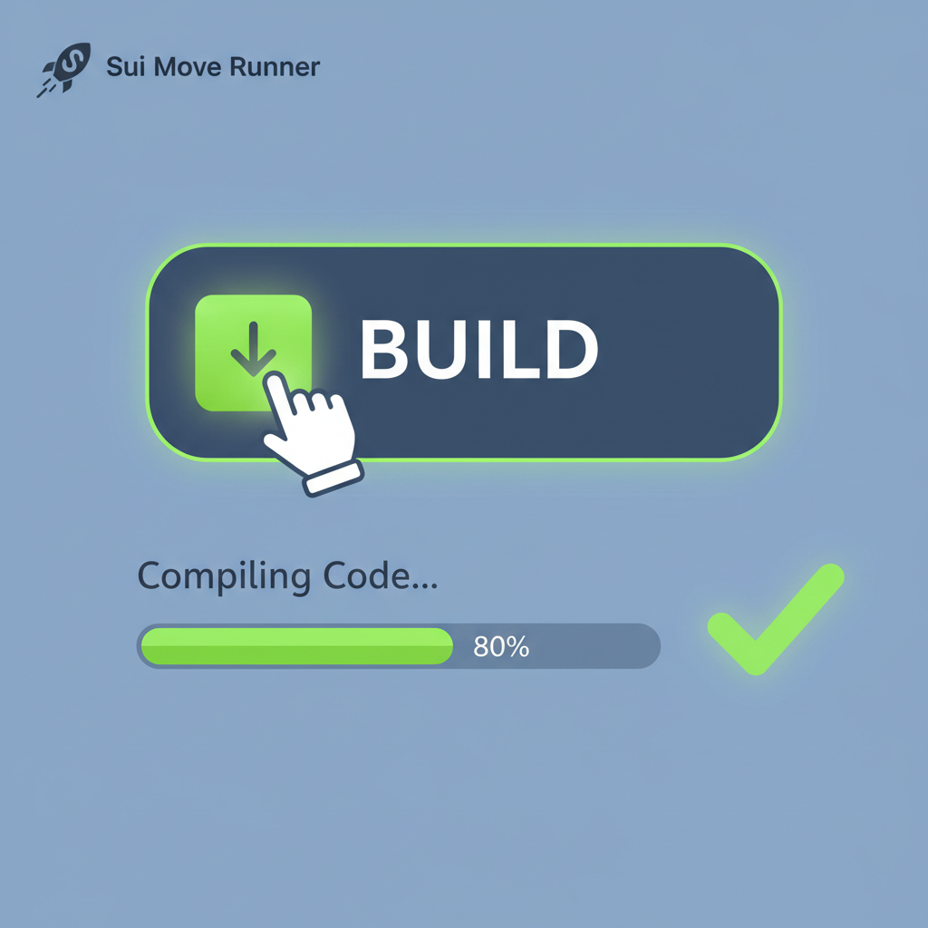 Sui Move Runner build button pressed, progress bar compiling code, green success checkmark