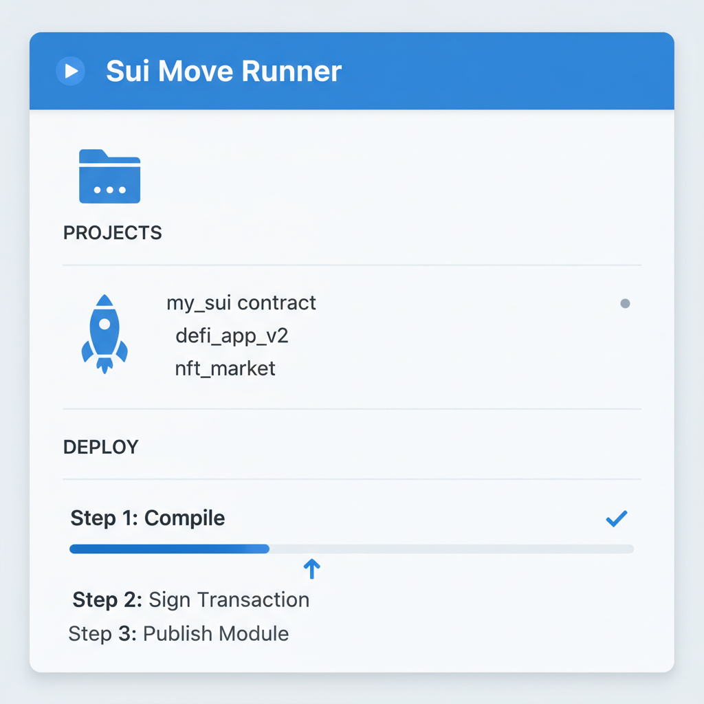 clean VS Code sidebar with Sui Move Runner extension open, modern tech UI, blue accents, icons for projects and deploy