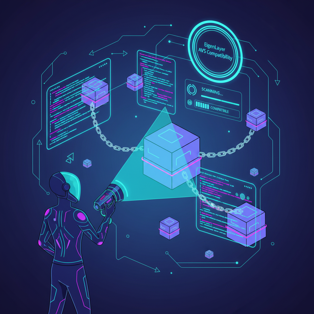 futuristic blockchain auditor scanning PBS bundles for EigenLayer AVS compatibility, neon interfaces and code streams
