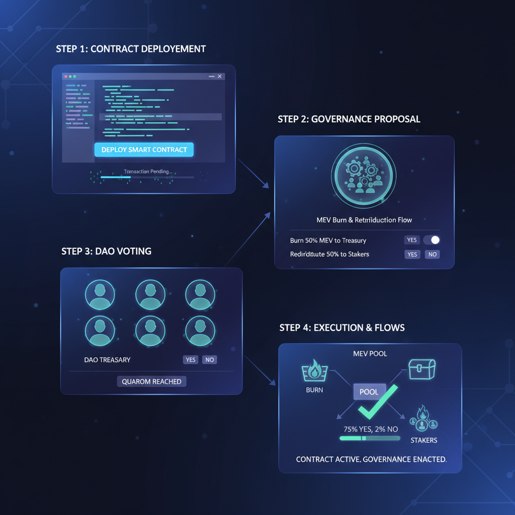 smart contract deployment interface with governance voting for MEV burn and redistribution flows, holographic DAO elements
