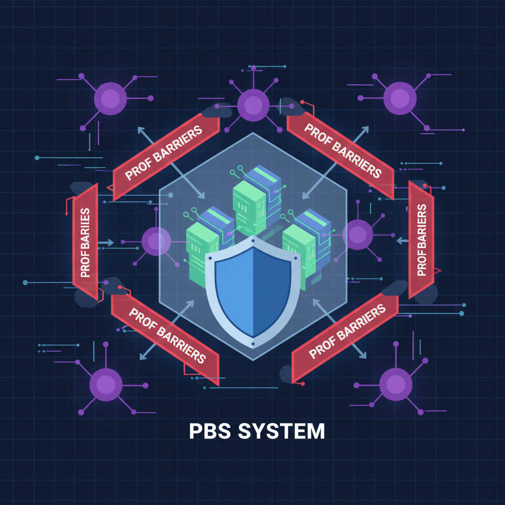 shield icon protecting transaction bundles in PBS system, EigenLayer nodes with PROF barriers, cyber defense aesthetic