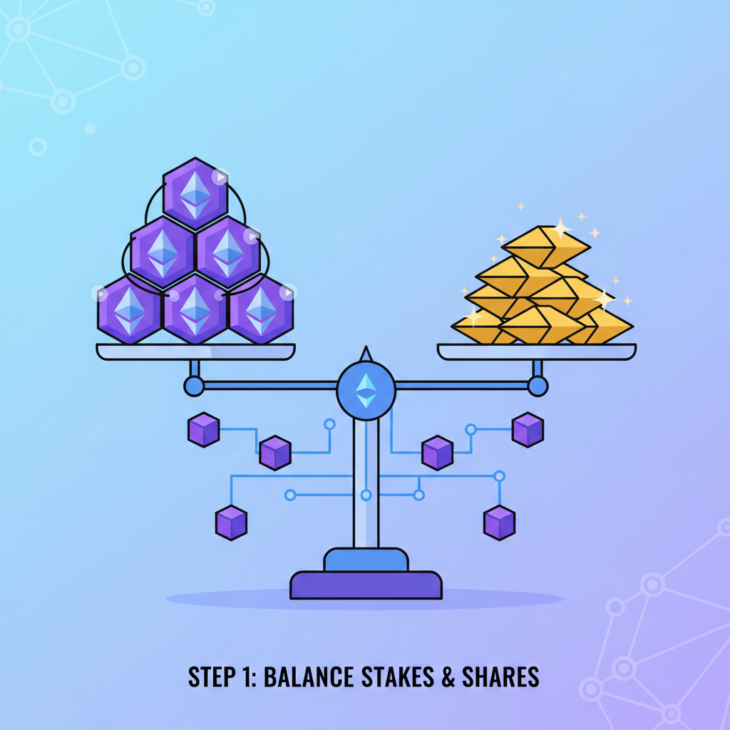 balance scale with Ethereum stakes weighting golden tip shares, glowing blockchain nodes connected