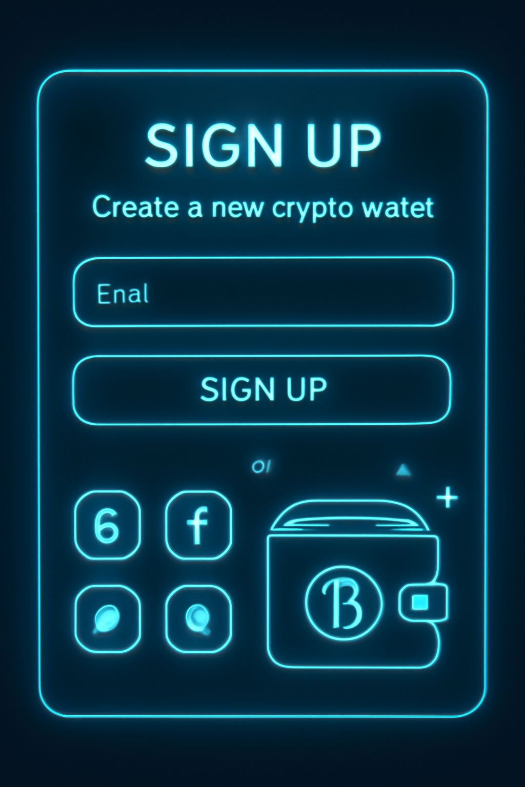 futuristic crypto wallet signup page with email social login buttons glowing neon blue