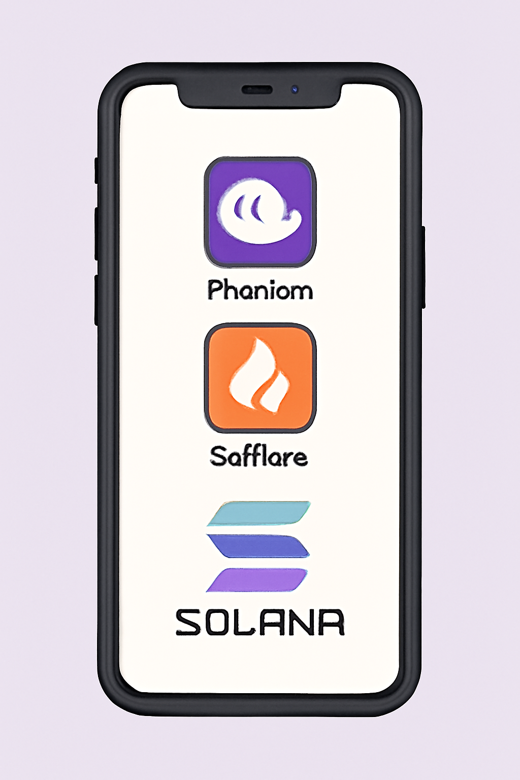 A smartphone displaying the Phantom and Solflare wallet apps with the Solana logo.