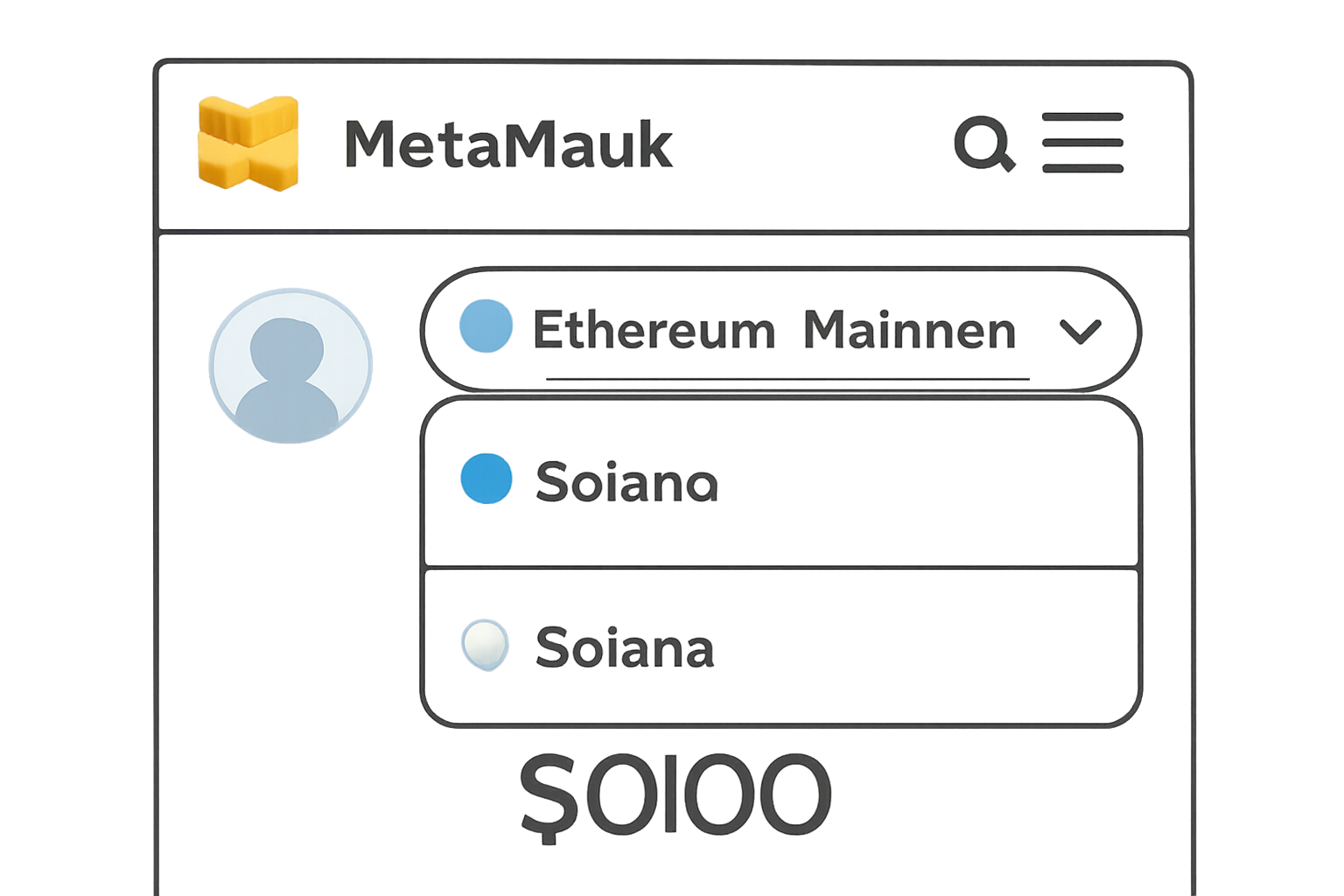 MetaMask extension with the network selector dropdown showing Solana as an option.