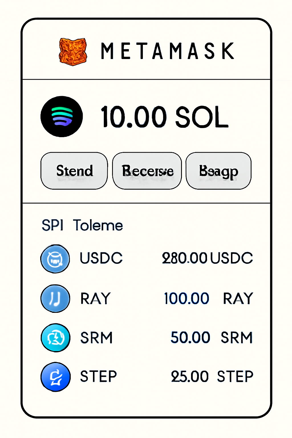 MetaMask wallet page displaying SOL and various SPL tokens with transaction options.