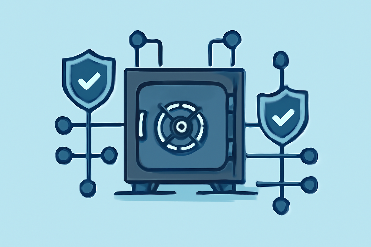 A secure vault surrounded by digital shields and scalable network nodes, symbolizing security and scalability.