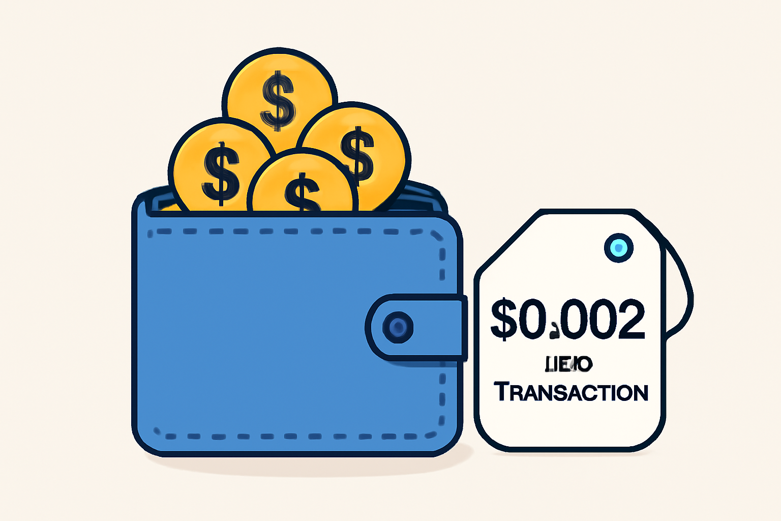 A digital wallet overflowing with coins, with a price tag reading $0.002 per transaction, highlighting affordability.