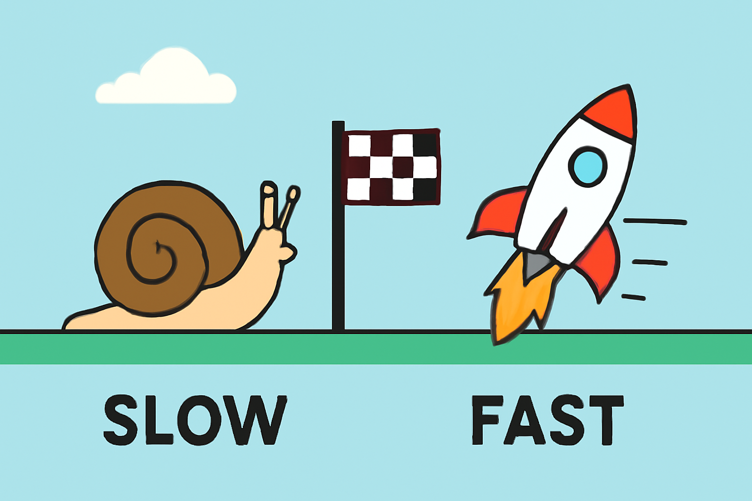 A race between a slow-moving snail and a fast rocket, representing the old 7-day finality versus the new 1-hour speed.