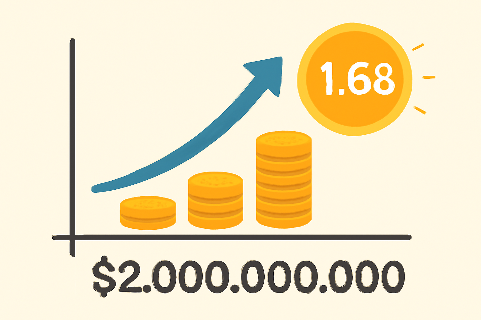 A digital graph soaring upward, with golden coins and the number $2,000,000,000, plus a glowing $1.68 token symbol.