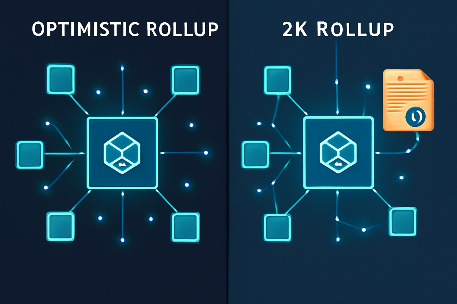 A dynamic split-screen illustration showing a blockchain network evolving from an optimistic rollup to a futuristic ZK rollup, with glowing connections and digital proofs.