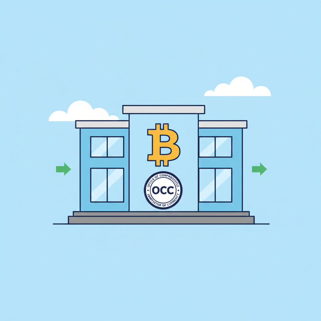 professional bank building with bitcoin logo and OCC seal