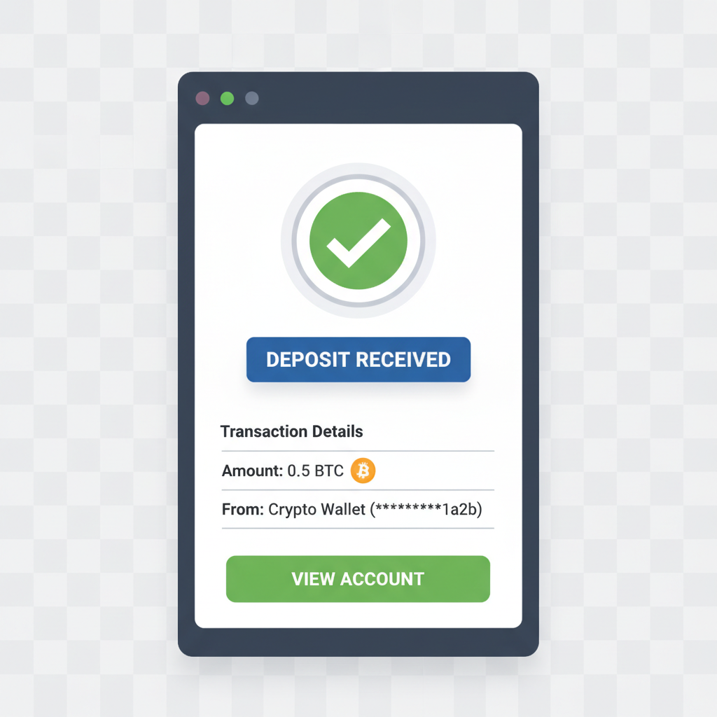 bank dashboard confirming crypto deposit received