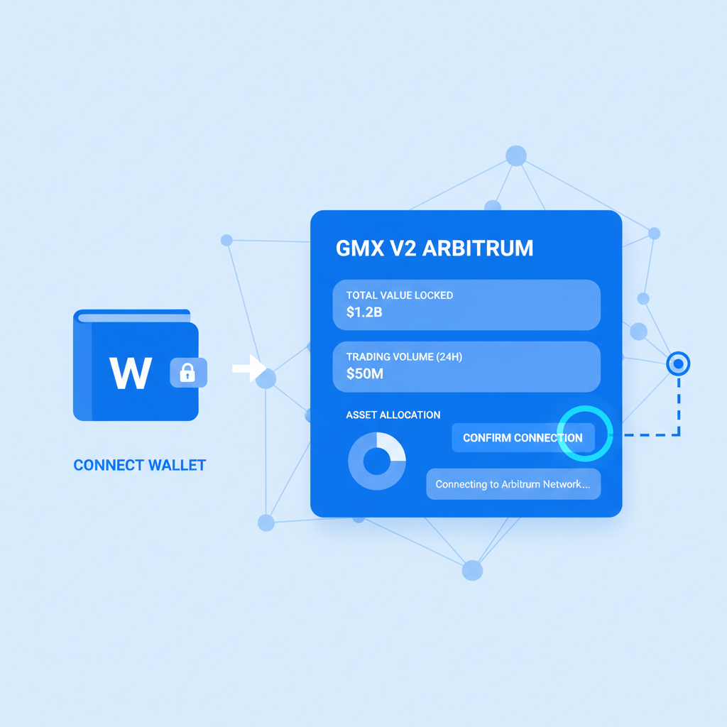 wallet connecting to GMX V2 on Arbitrum, DeFi dashboard, blue tones
