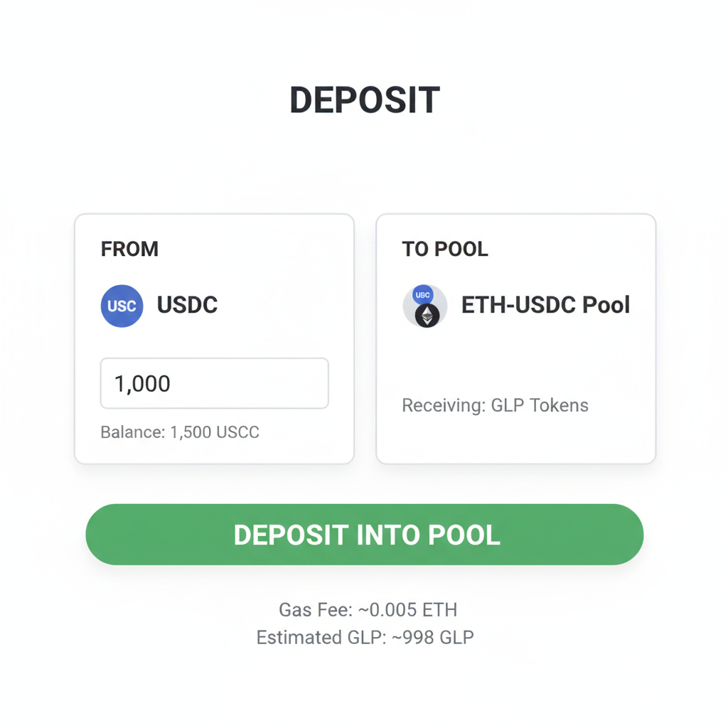 GMX V2 interface depositing USDC to ETH-USDC pool, clean UI screenshot