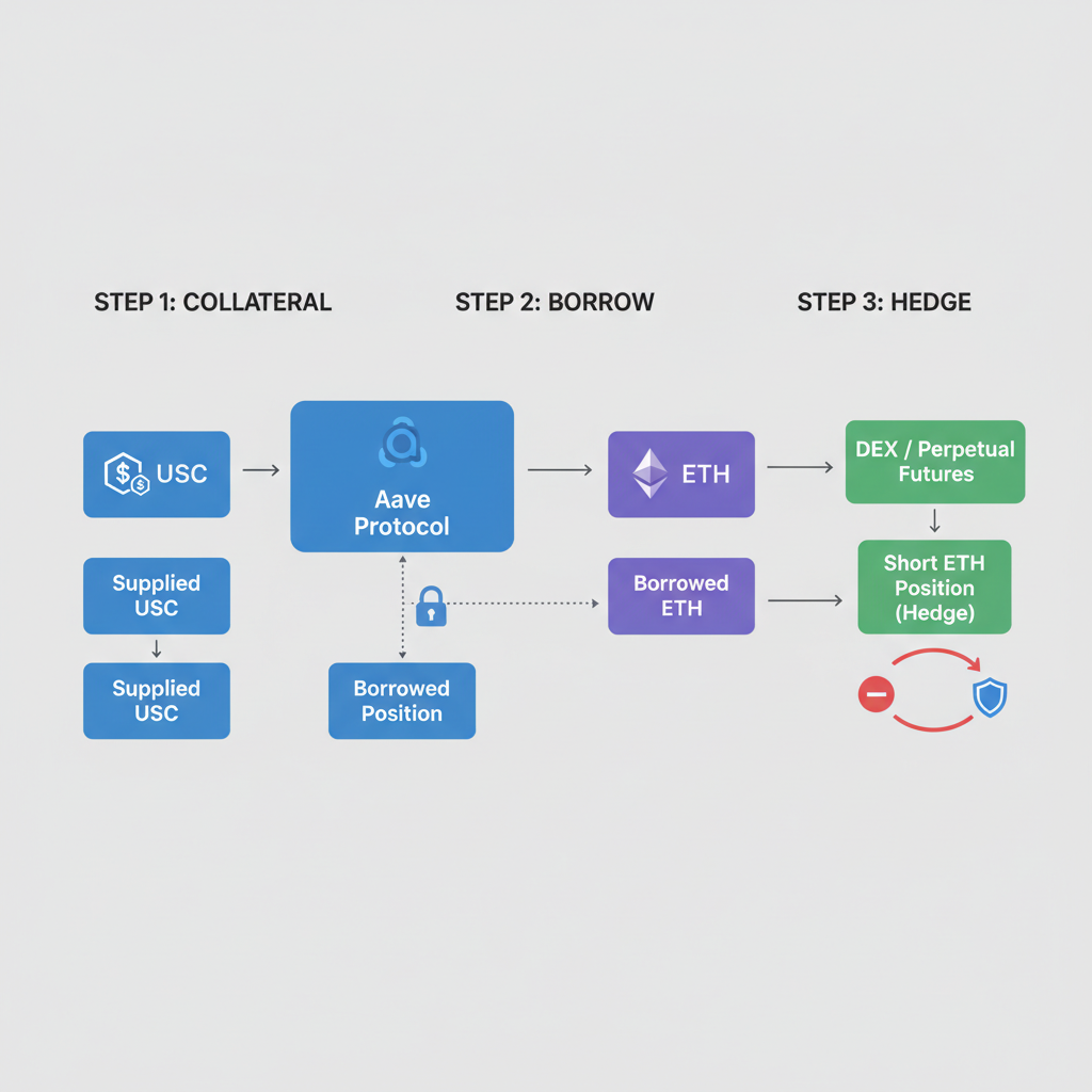 Aave app borrowing ETH against USDC collateral, hedging diagram