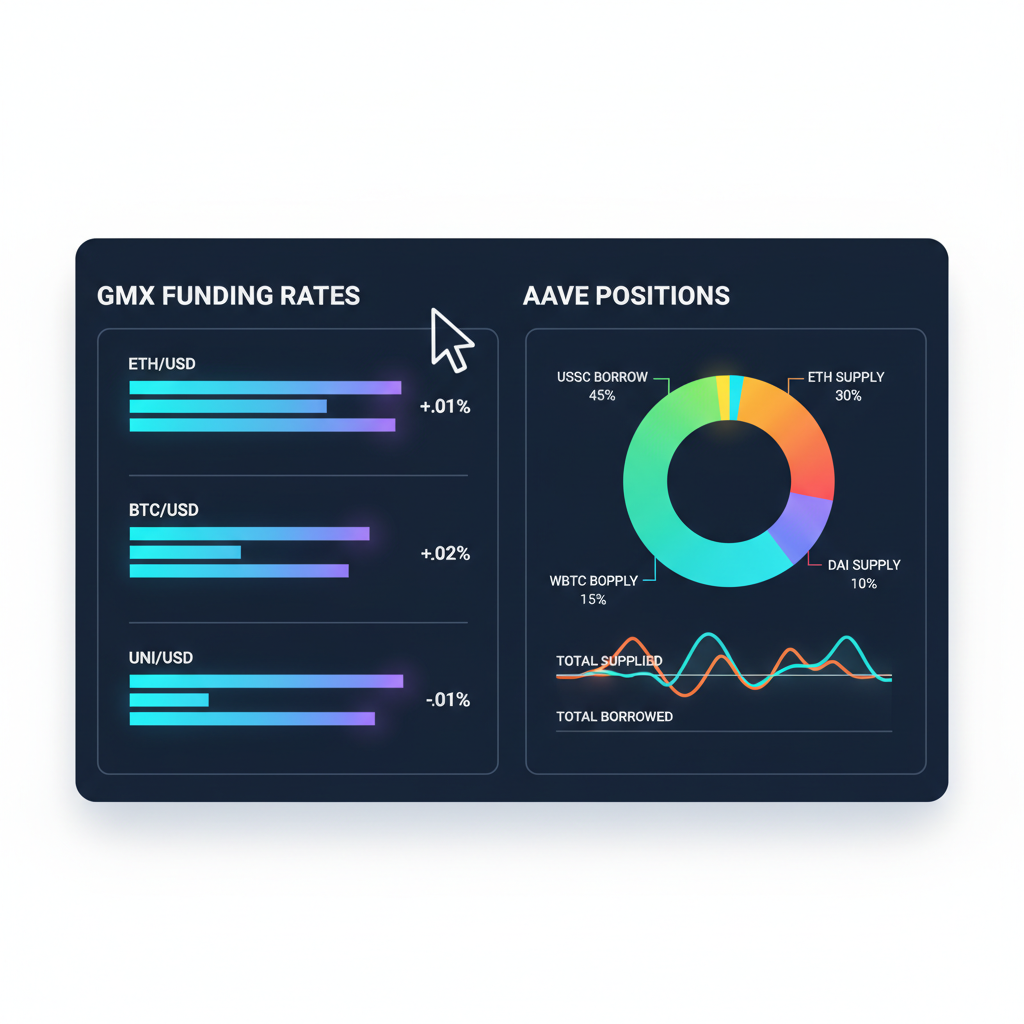 monitoring dashboard GMX funding rates and Aave positions, charts glowing