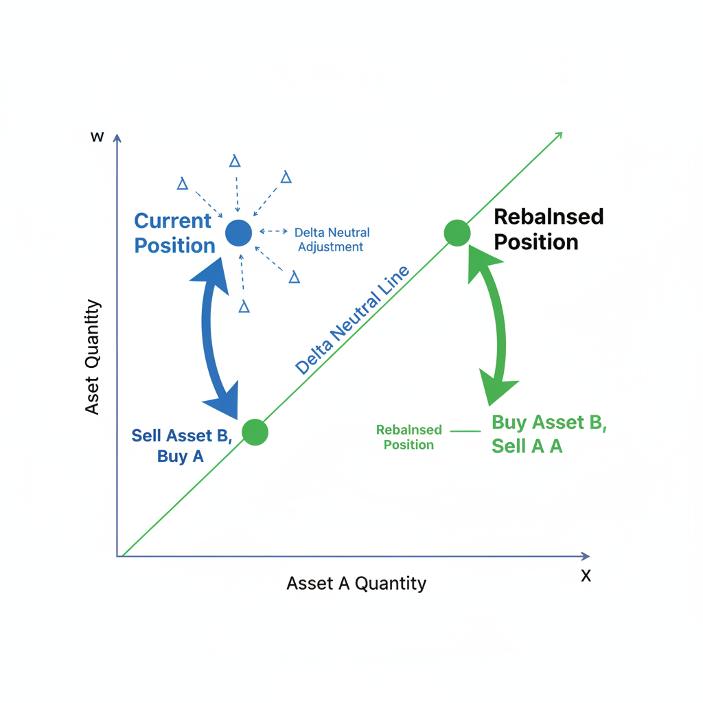 rebalancing DeFi positions graph, arrows showing delta neutral adjustment