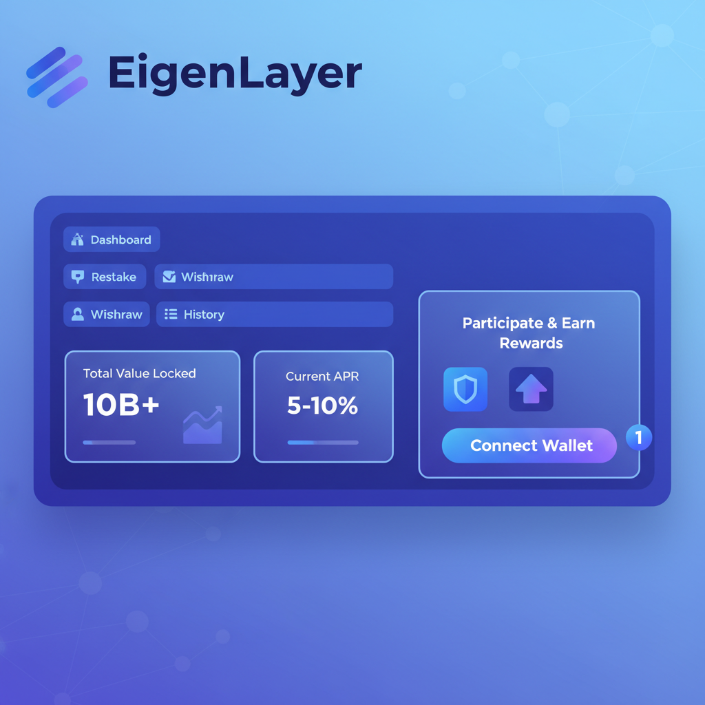 EigenLayer web app dashboard with wallet connect button, blue purple theme