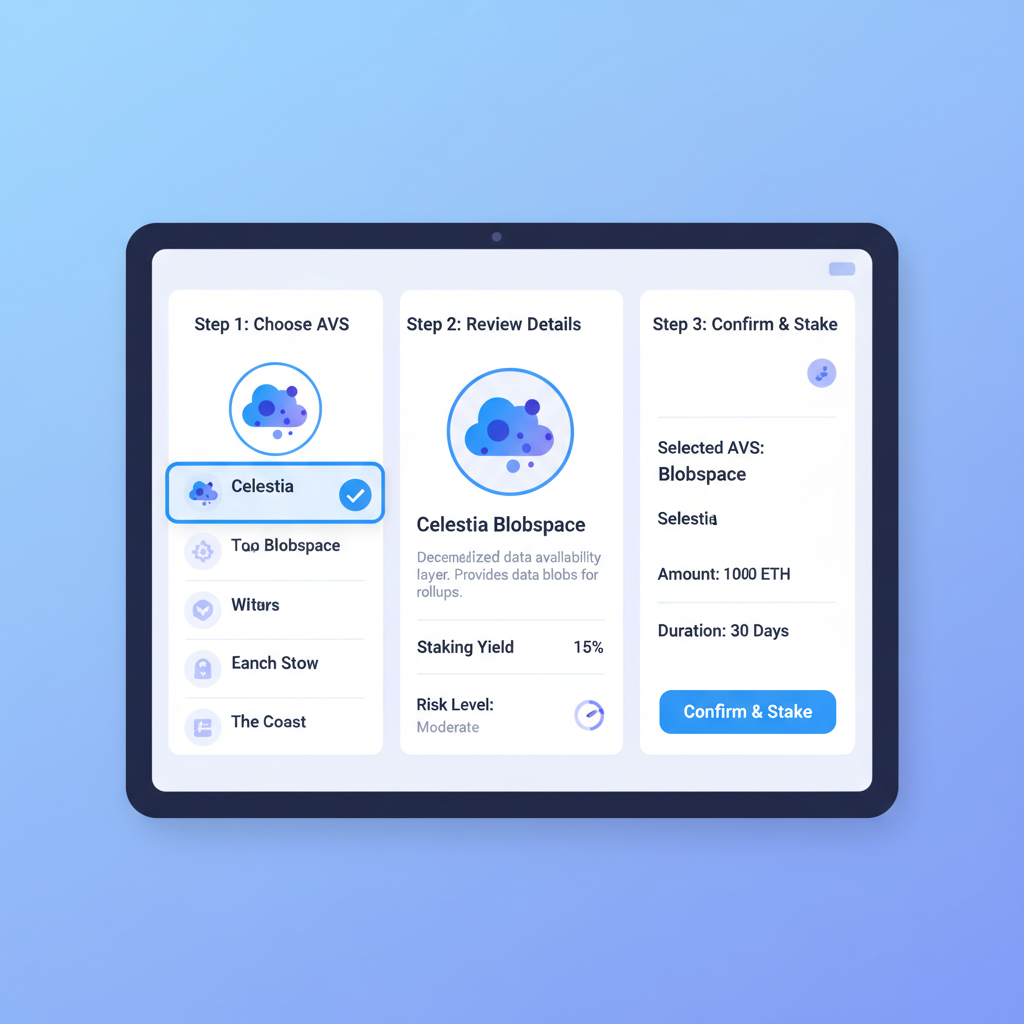EigenLayer AVS selection screen highlighting Celestia Blobspace, data blobs visual